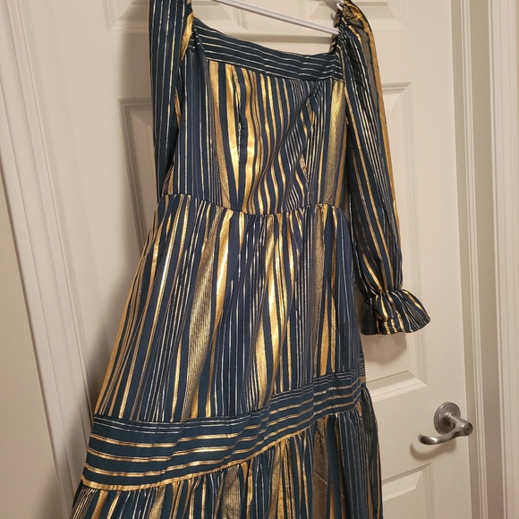 Dark green and gold long sleeve square neck dress - Picture 4 of 4